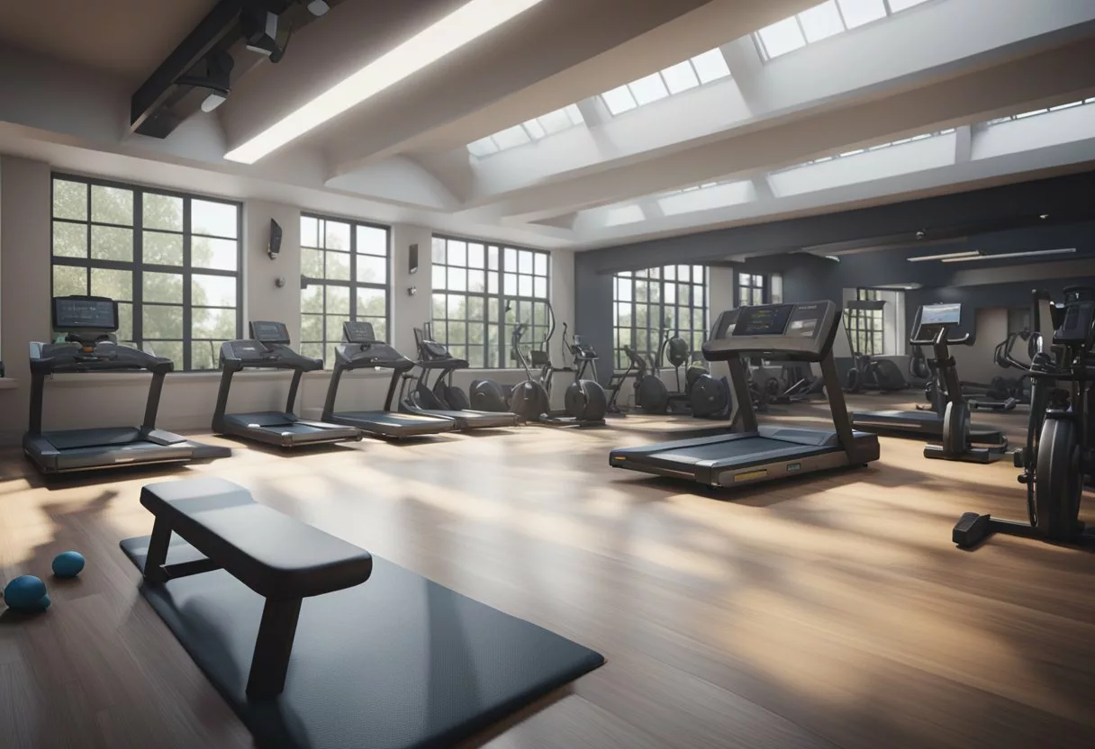 A gym with high-intensity interval training equipment, sweat dripping, and a timer counting down