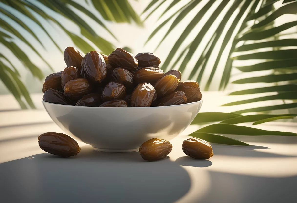 A bowl of fresh dates surrounded by lush green date palm leaves, with a bright sun shining in the background