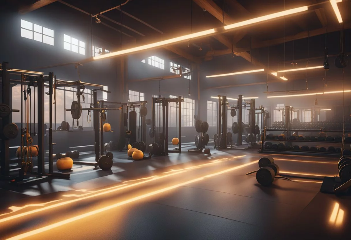 A gym with weights and resistance bands, sweat dripping off equipment, and a fiery glow surrounding the area, symbolizing the afterburn effect of strength training