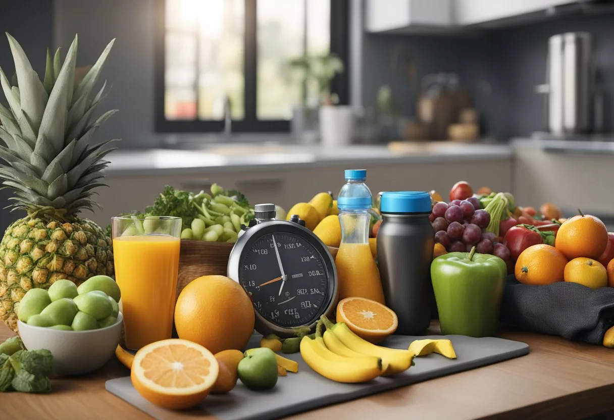 A table filled with colorful fruits, vegetables, and protein-rich foods, surrounded by exercise equipment and water bottles. A stopwatch and heart rate monitor indicate post-workout recovery and afterburn effect