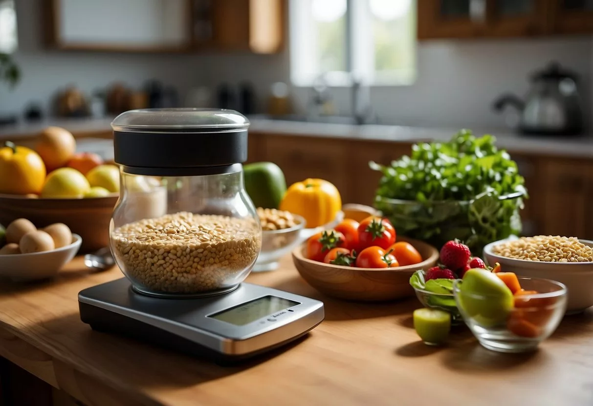 A kitchen counter with a variety of food items, including fruits, vegetables, lean proteins, and whole grains. A food scale and measuring cups are nearby, indicating portion control