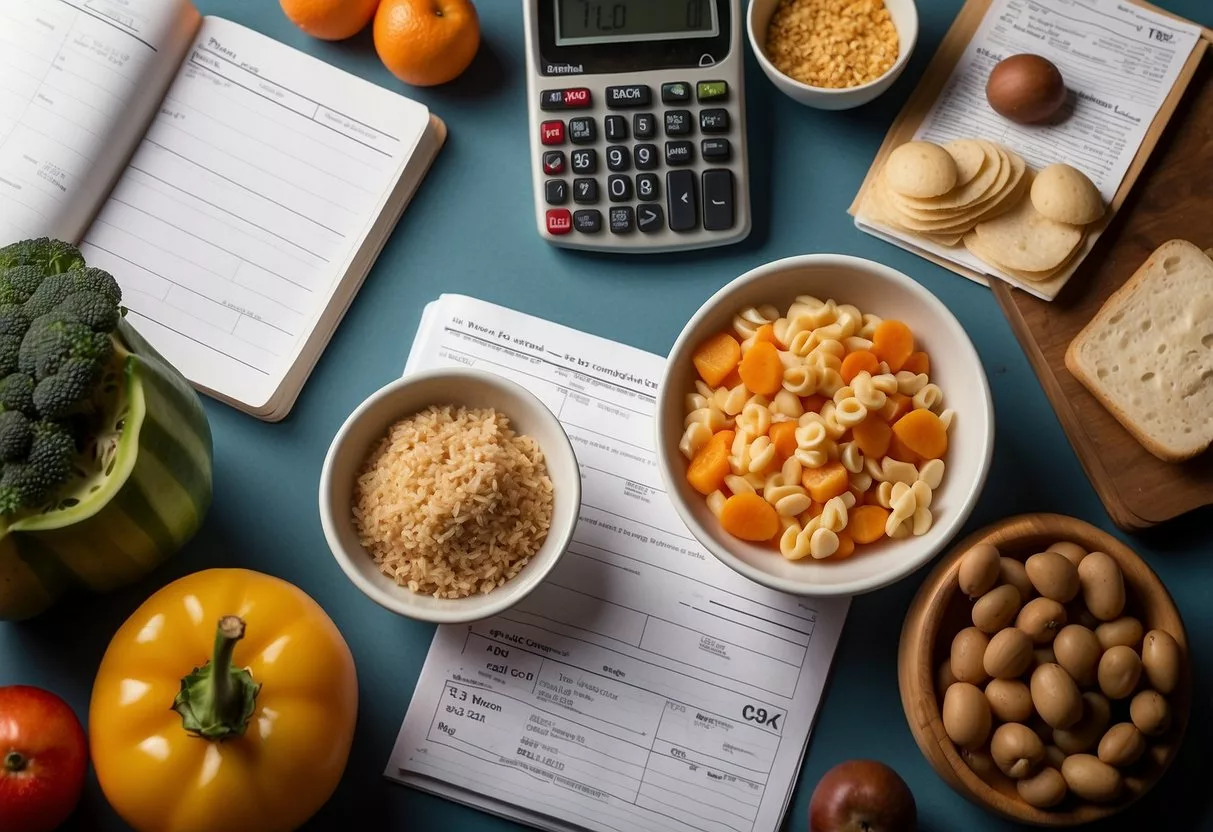 A table with a variety of nutritious foods, a calculator, and a notebook with meal plans and calorie counts