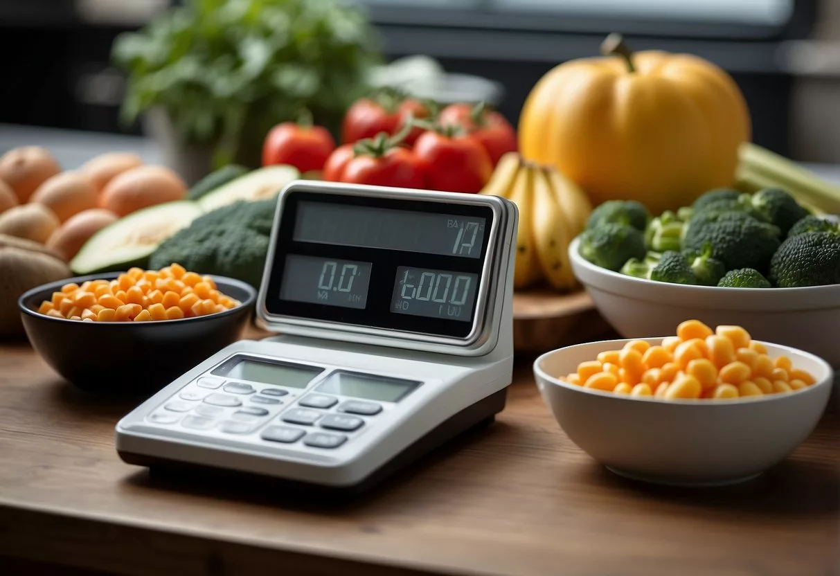 A kitchen counter with a variety of healthy food options, a food scale, and a notepad with macronutrient calculations