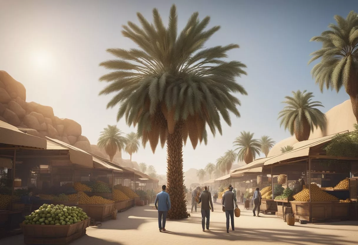 A date palm tree stands tall in a desert oasis, laden with ripe date fruits. A bustling market nearby shows people trading and enjoying the economic benefits of the fruit