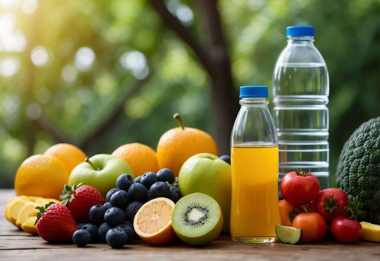 A colorful array of fruits, vegetables, and water bottles, representing a balanced diet and proper hydration for flexible fat loss strategy