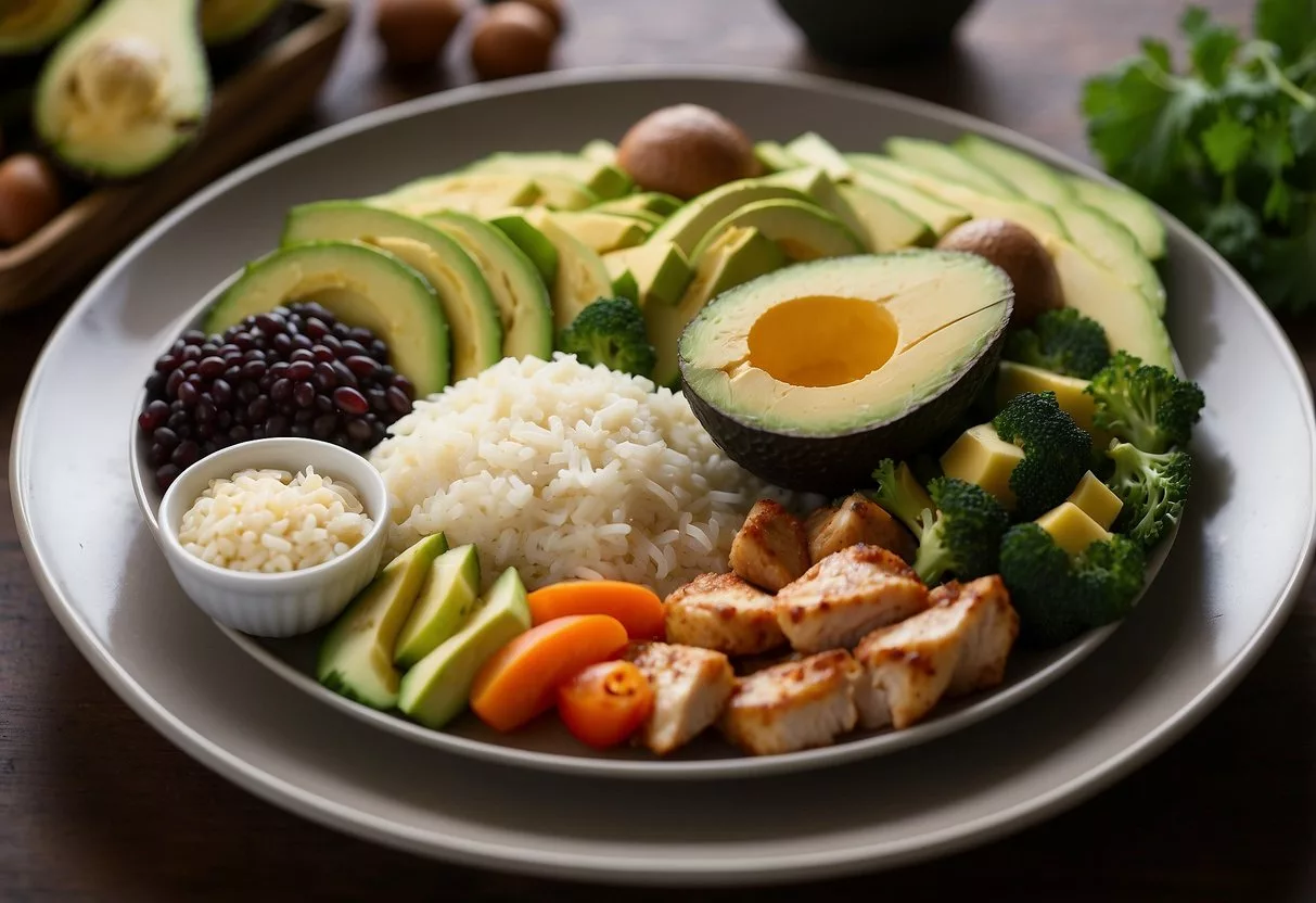 A plate with balanced portions of protein, carbs, and fats, surrounded by various whole food sources like chicken, rice, avocado, and vegetables