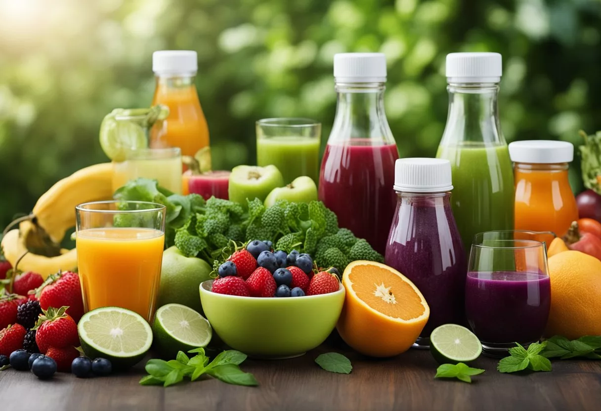 A table with assorted fruits, vegetables, and herbs, alongside bottles of juice and a blender. Labels read "Wellness Shots."