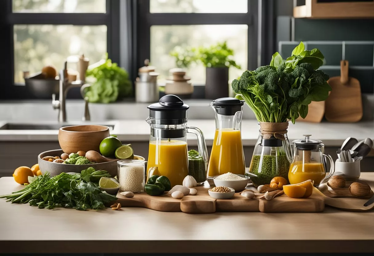 Fresh ingredients laid out on a clean kitchen counter, surrounded by various kitchen utensils and a blender. Bright natural lighting illuminates the scene