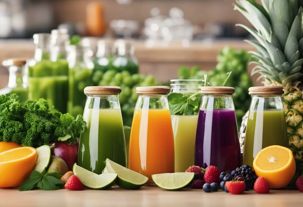 A colorful array of wellness shot ingredients, neatly arranged with vibrant fruits, vegetables, and herbs. Clear glass bottles and a juicer are visible nearby