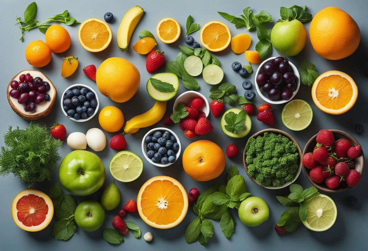 A colorful array of wellness shot ingredients arranged on a clean, minimalist surface. Vibrant fruits, vegetables, and herbs are neatly organized for an eye-catching composition