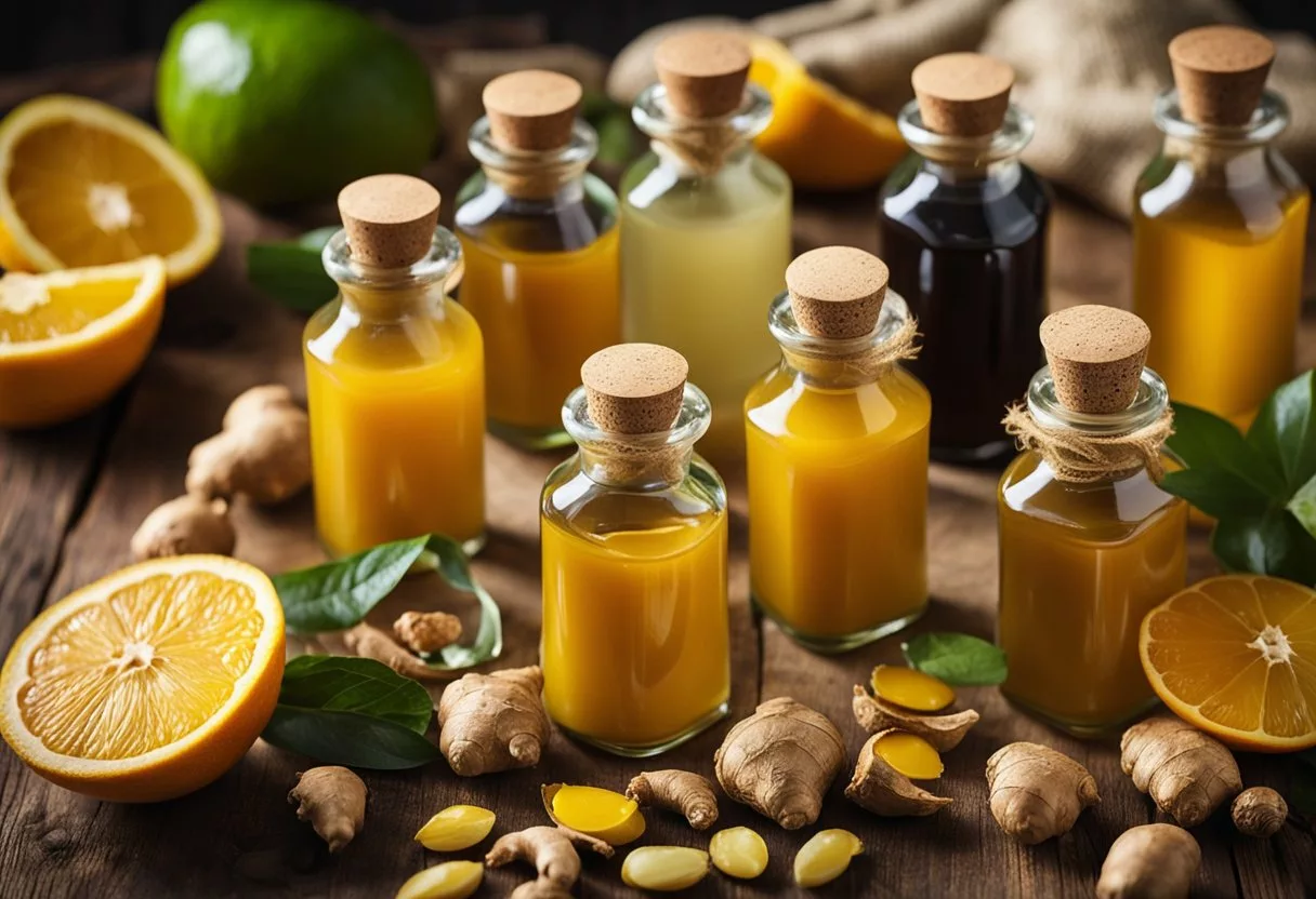 A variety of wellness shot bottles arranged on a wooden table with fresh ingredients like ginger, turmeric, and citrus fruits scattered around