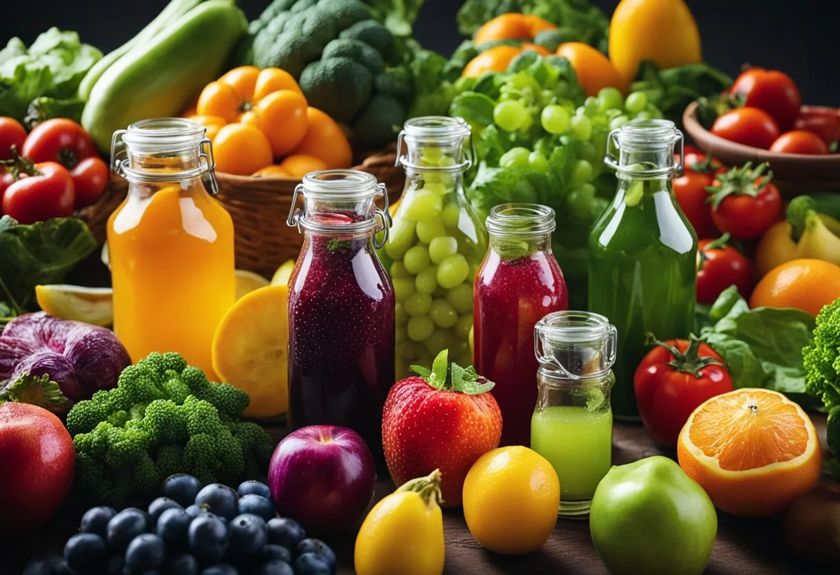 A vibrant assortment of fresh fruits and vegetables, neatly arranged next to a variety of small glass bottles filled with colorful liquid