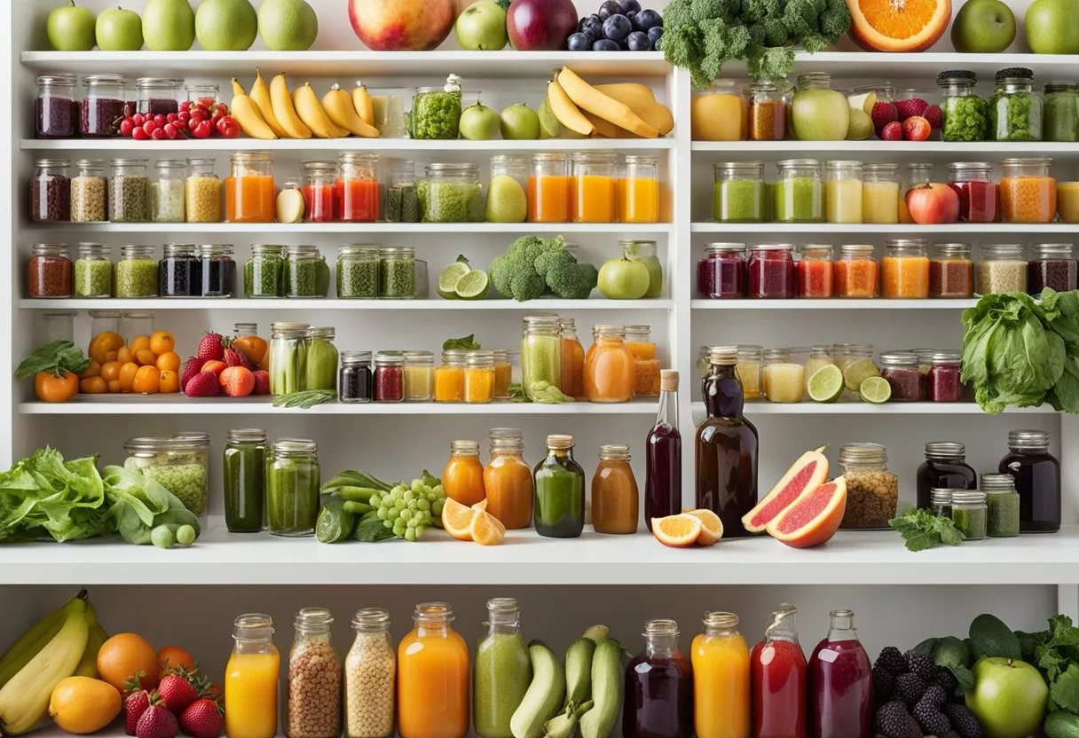 A variety of colorful fruits and vegetables arranged on a clean, white background with a selection of glass bottles filled with vibrant wellness shots