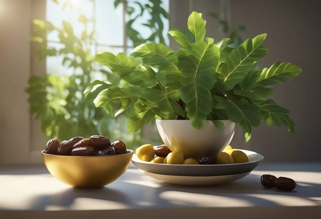 A bowl of fresh date fruits surrounded by vibrant green leaves and sunlight streaming through a window, evoking a sense of health and vitality