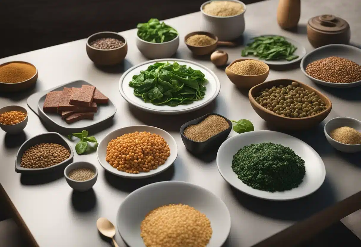 A table with various iron-rich foods: spinach, lentils, red meat, tofu, and quinoa. A sign reads "Special Considerations Iron rich foods"