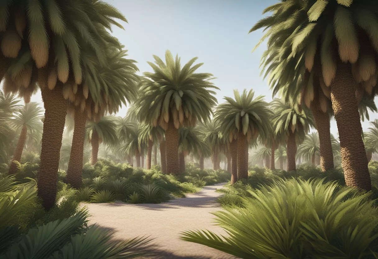 Lush date palm grove with abundant fruit clusters, surrounded by diverse wildlife and thriving ecosystem