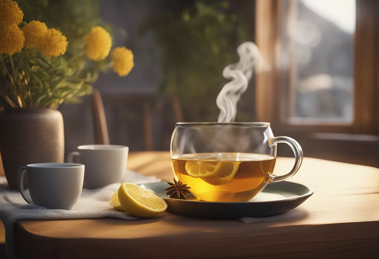 A steaming cup of herbal tea sits on a cozy table, surrounded by honey, lemon, and ginger. A warm scarf is draped over a chair, and a soothing vaporizer hums in the background