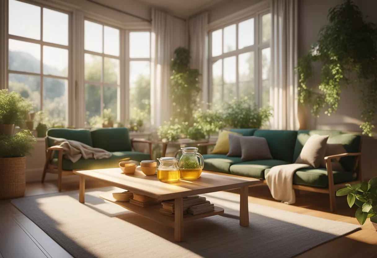 A cozy living room with herbal teas, honey, and lemon on a table. Open windows show a green garden. Sunlight streams in, creating a warm and inviting atmosphere