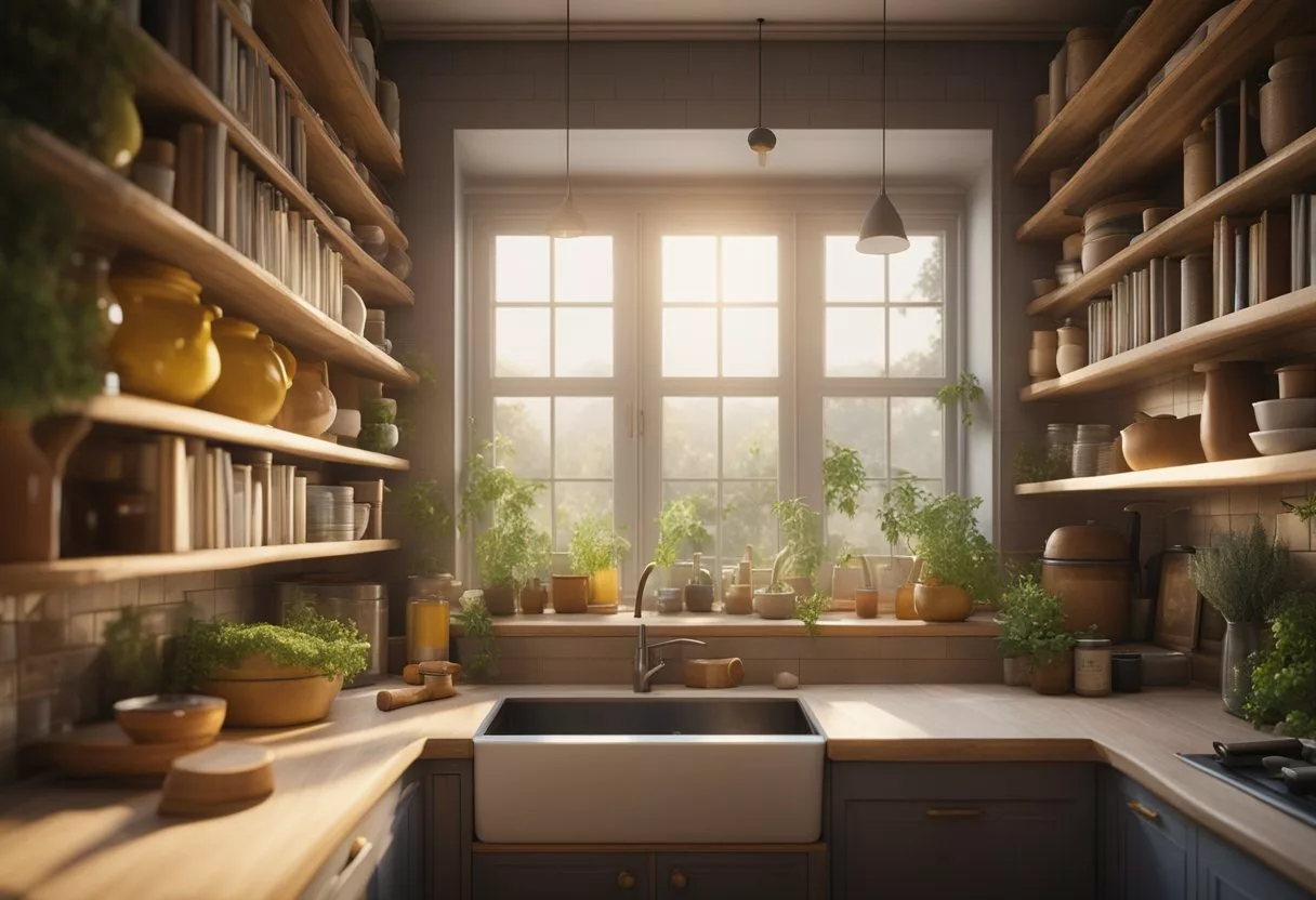 A cozy kitchen with herbal teas, honey, and lemon. A bookshelf filled with natural remedy books. A warm, comforting atmosphere