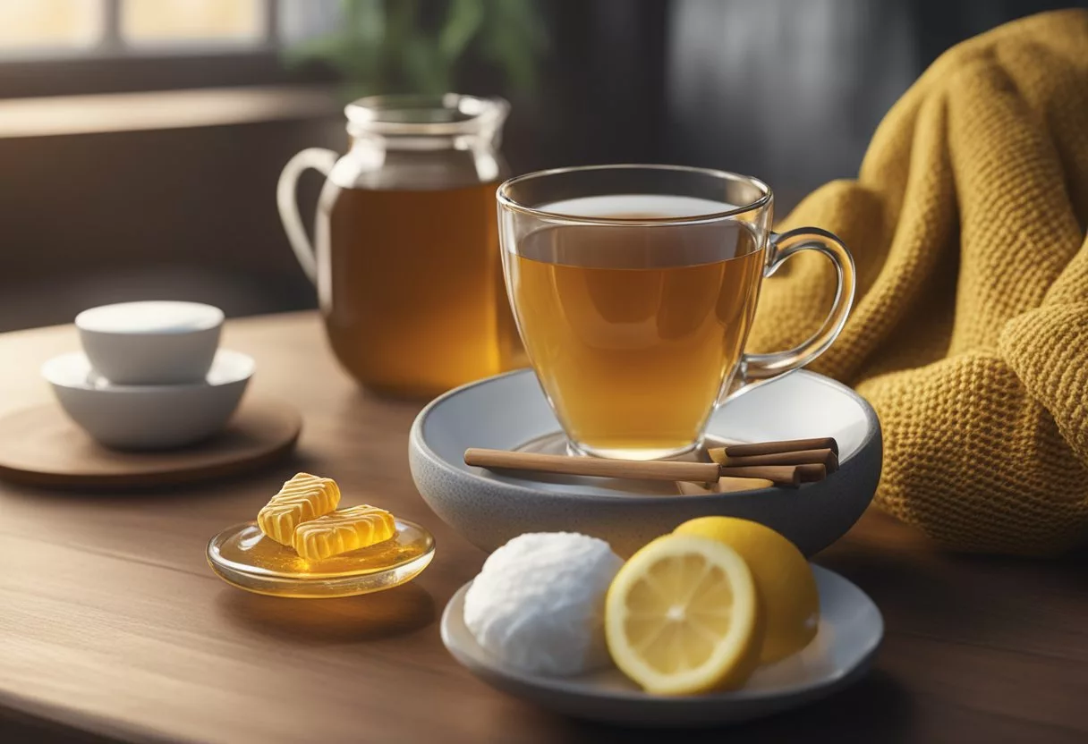 A steaming cup of tea with honey and lemon sits next to a bowl of soothing throat lozenges on a cozy table. A warm scarf is draped over the back of a chair, suggesting comfort and relief