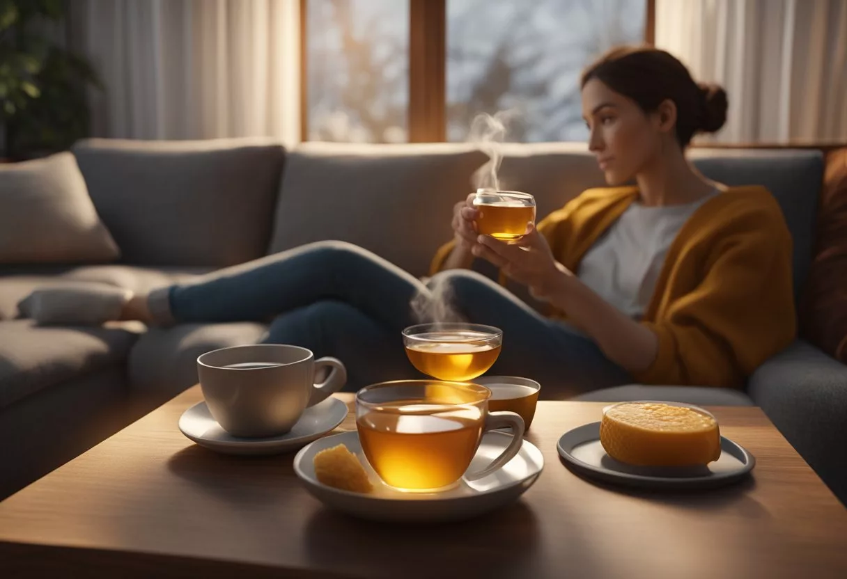 A person holding a warm cup of tea with honey, a bowl of steamy soup, and a soothing throat lozenge on a cozy couch