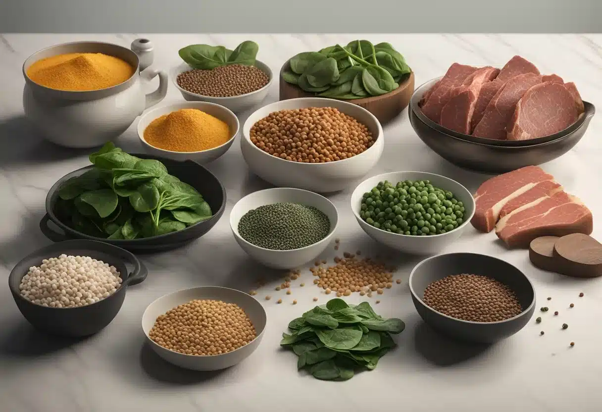A table with various iron-rich foods like spinach, lentils, and red meat, accompanied by a list of frequently asked questions about iron-rich diets