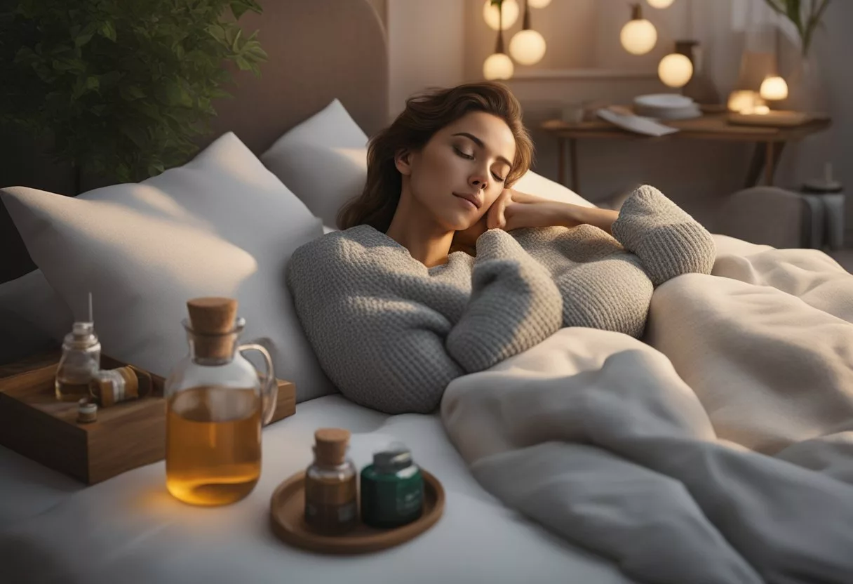 A woman lies on a cozy bed with a hot water bottle on her abdomen, surrounded by herbal tea, essential oils, and a soothing playlist