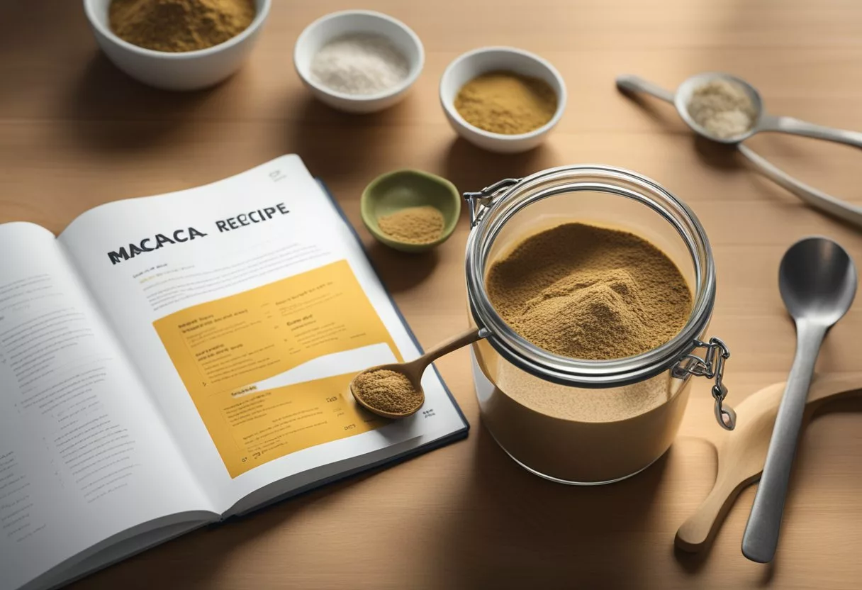 A jar of maca root powder sits on a kitchen counter, with a measuring spoon next to it. A recipe book is open to a page highlighting the benefits and dosage instructions for using maca root
