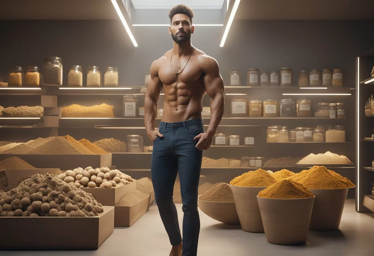 A man stands confidently, with a strong and healthy physique, surrounded by various maca root products. He exudes vitality and energy, showcasing the specific benefits of maca root for men