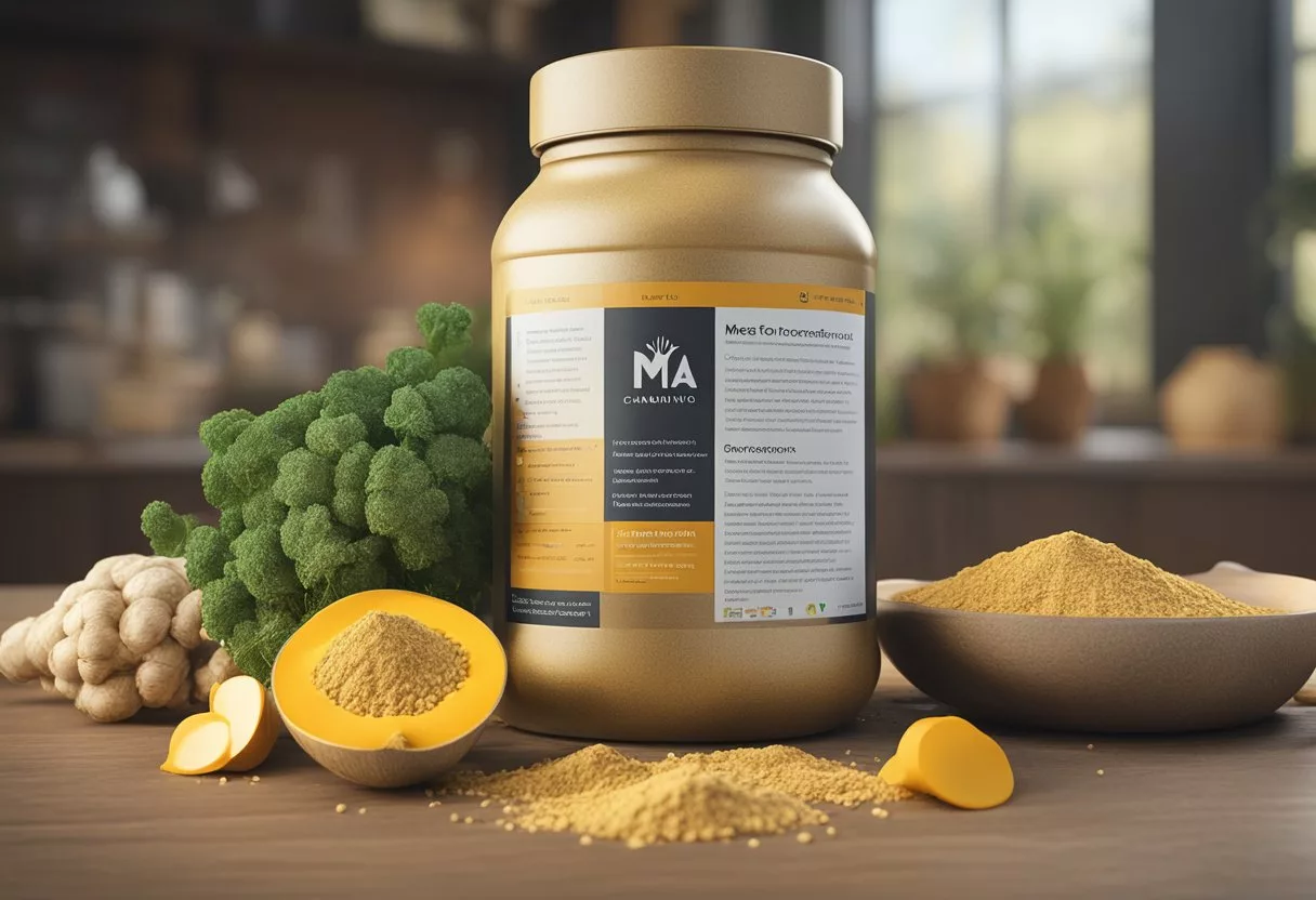 A vibrant illustration of maca root surrounded by text highlighting its potential side effects and precautions, while also emphasizing its benefits
