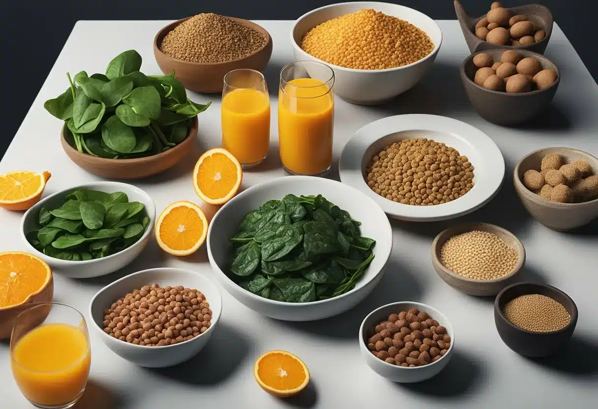 A variety of iron-rich foods arranged on a table, including spinach, lentils, red meat, and fortified cereals. A glass of orange juice and vitamin C supplements are also present to aid in iron absorption