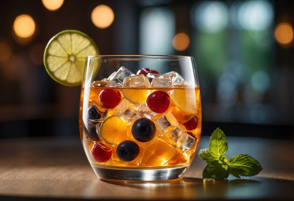 A glass filled with various ingredients, representing a "cortisol cocktail." The drink is surrounded by images or symbols of stress, relaxation, and potential health effects