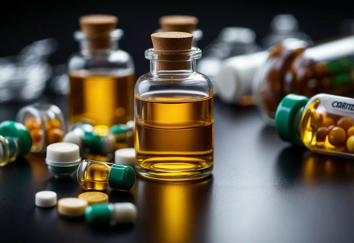 A glass vial filled with a swirling mixture of cortisol and other compounds, surrounded by bottles of supplements and a list of potential benefits and risks
