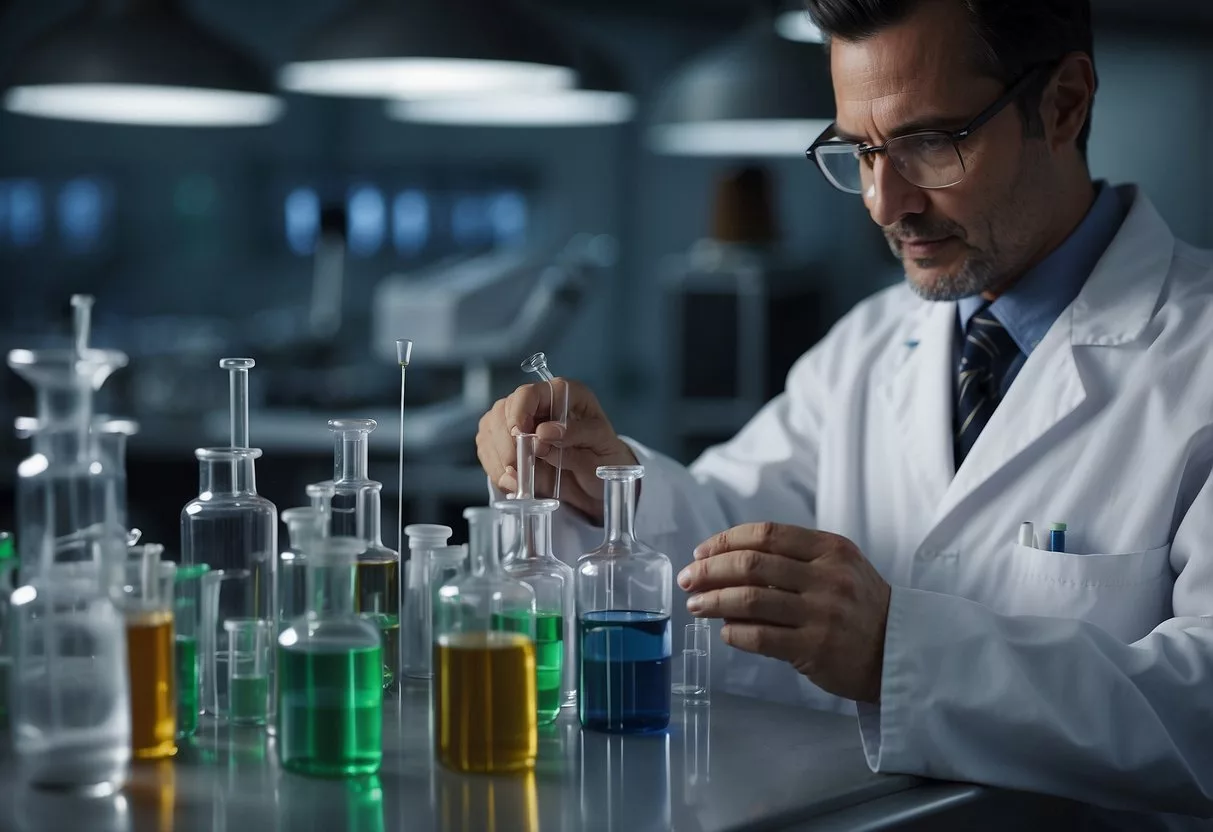 A scientist carefully mixes vials of various chemicals, creating a potent cortisol cocktail. The lab is filled with equipment and the air is tense with anticipation