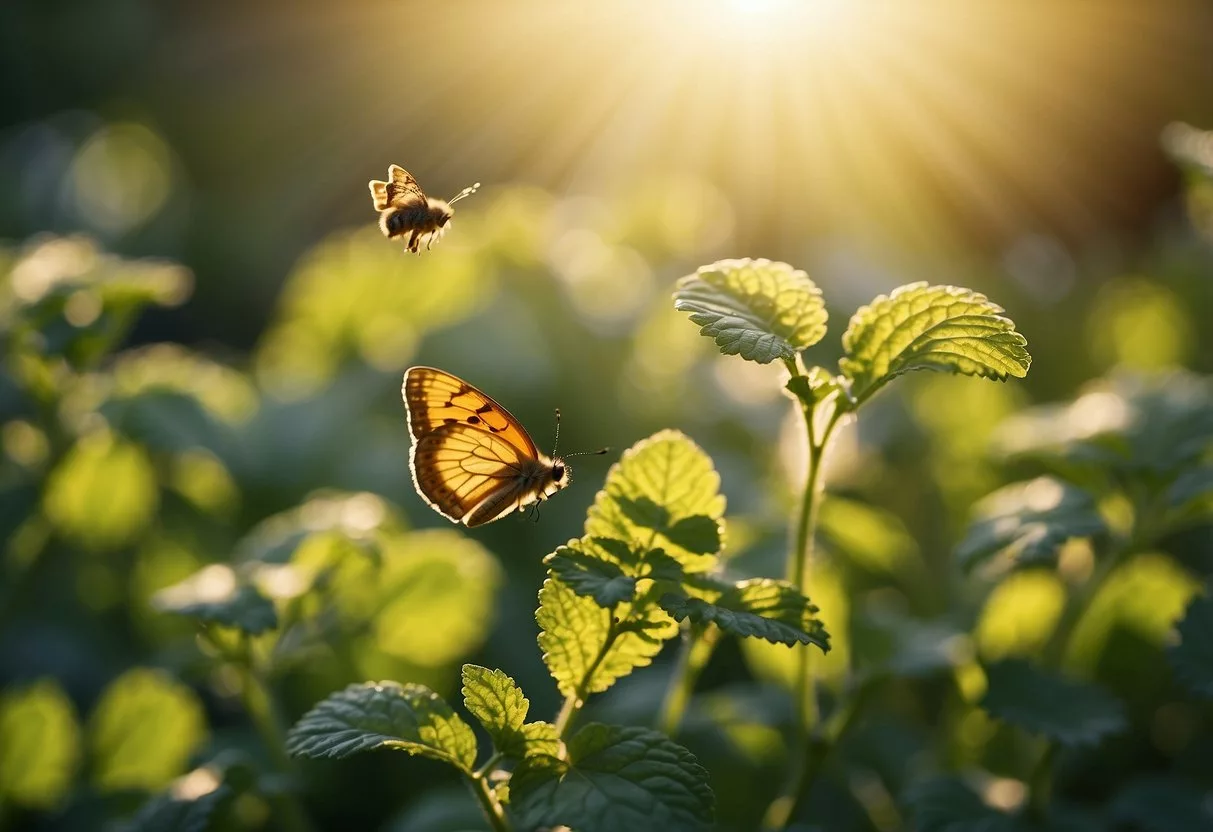 A vibrant lemon balm plant surrounded by bees and butterflies, with sunlight streaming through the leaves, showcasing its health benefits and uses