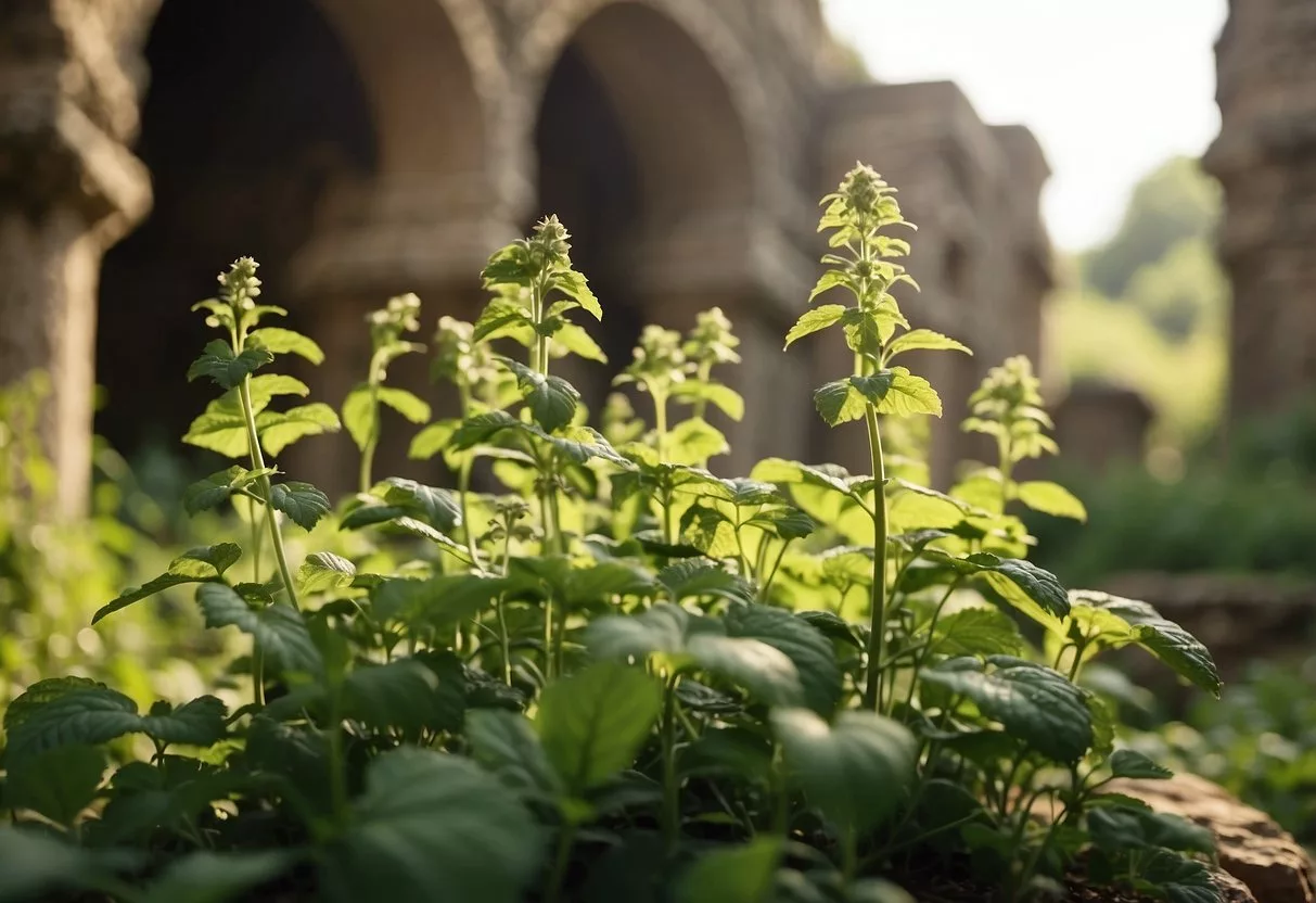 A lush garden with lemon balm plants thriving in the sunlight, surrounded by ancient ruins, symbolizing the historical significance and origin of the herb