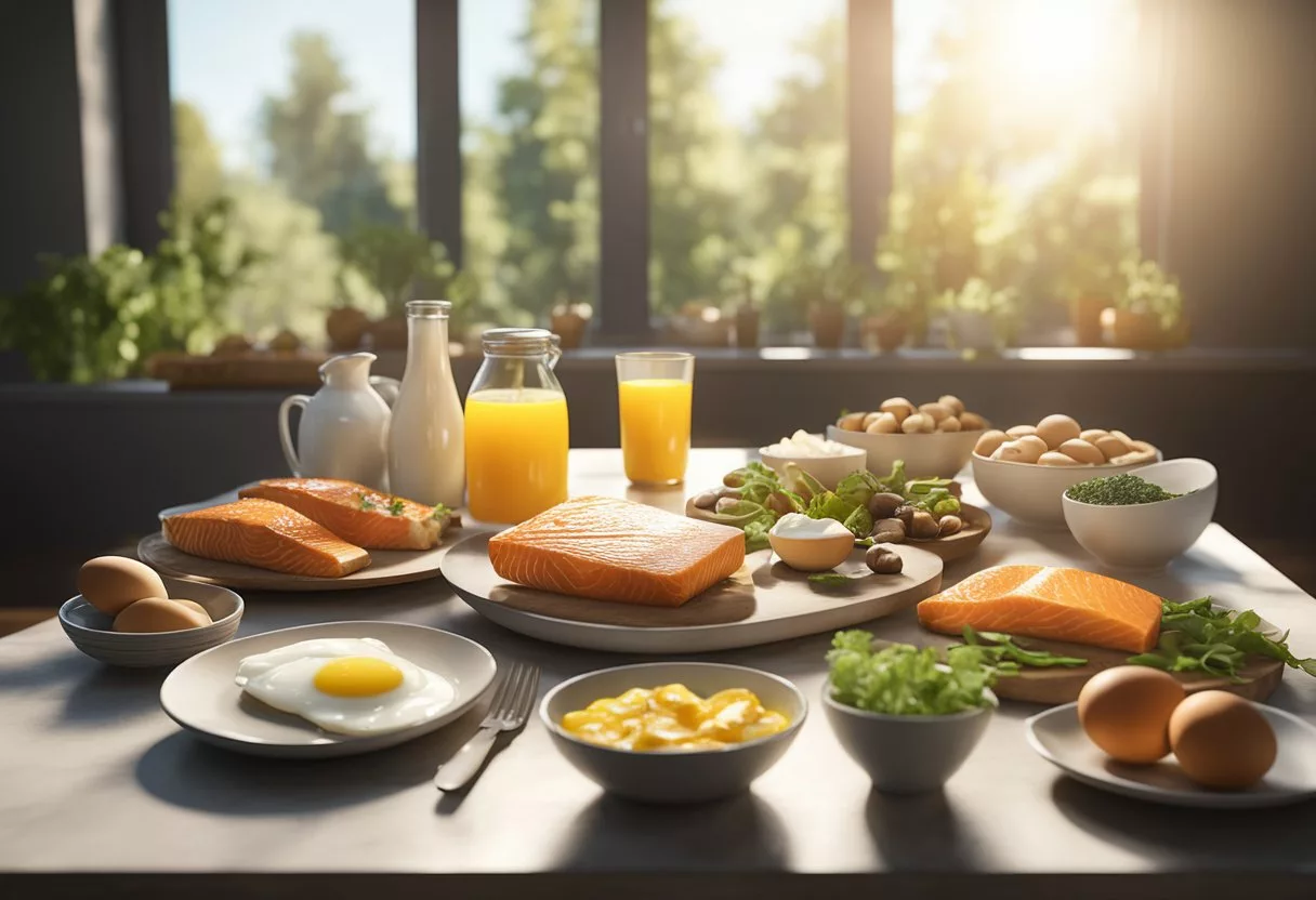 A table filled with sunlight, showcasing a variety of foods rich in Vitamin D such as salmon, mushrooms, eggs, and fortified dairy products