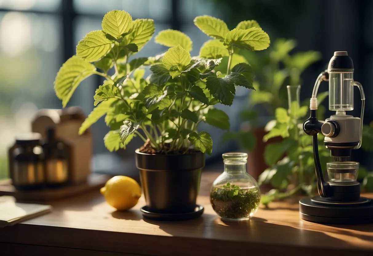 A lemon balm plant surrounded by scientific equipment, with a list of benefits and uses displayed nearby