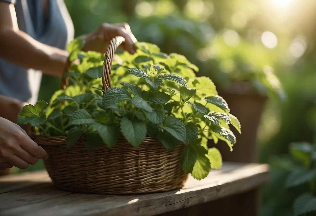 Sunlight filters through the lush green leaves of lemon balm plants. A figure carefully snips the fragrant leaves, collecting them in a basket