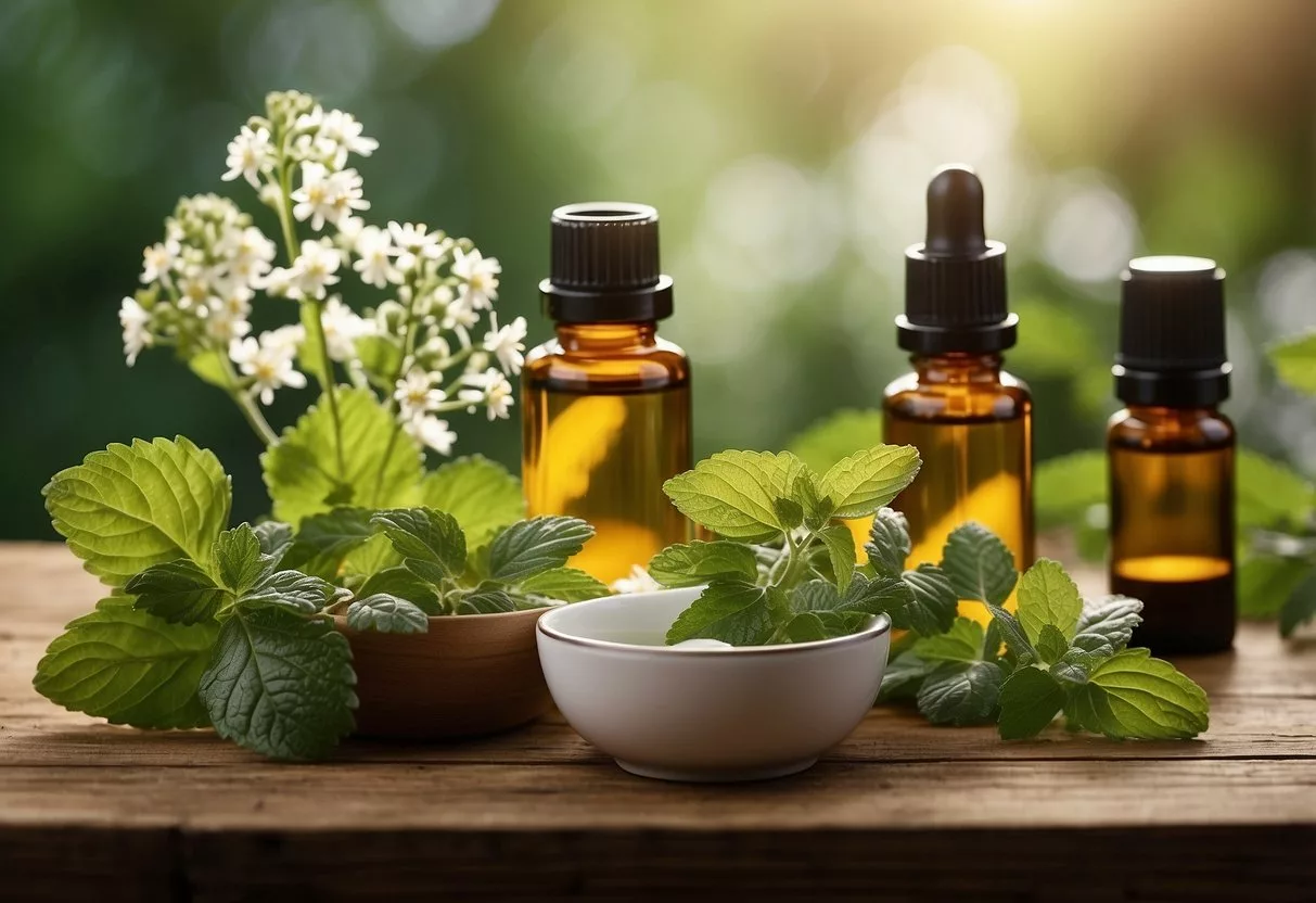 Lemon balm leaves and flowers arranged with essential oil bottles and topical creams on a wooden table, surrounded by a soft, calming light