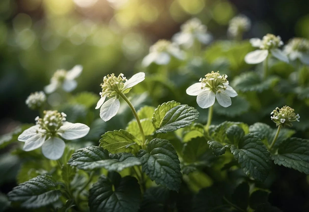 A vibrant lemon balm plant with lush green leaves and delicate white flowers, surrounded by a peaceful garden setting