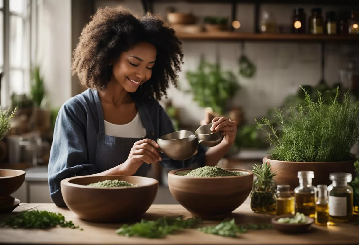 A woman mixes natural ingredients in a bowl, surrounded by herbs and essential oils. A warm, comforting atmosphere fills the room