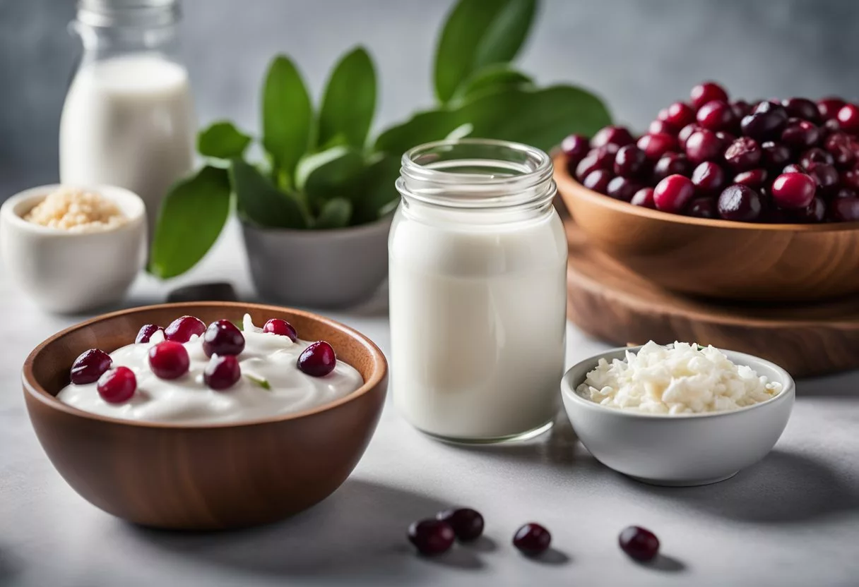 A bottle of probiotics sits next to a bowl of yogurt, garlic cloves, and cranberry juice. A pack of unsweetened cranberries and a jar of coconut oil are also on the table