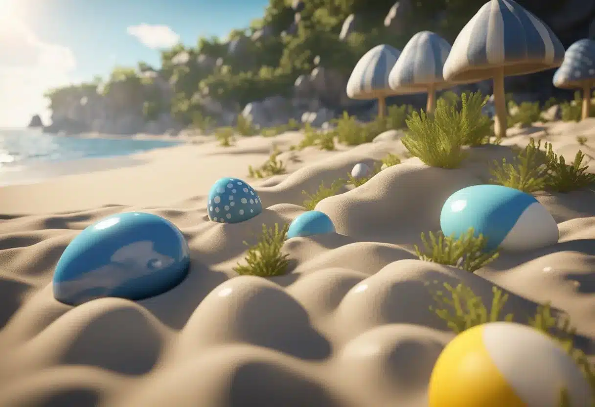 A sunny beach with fish, eggs, and mushrooms growing nearby