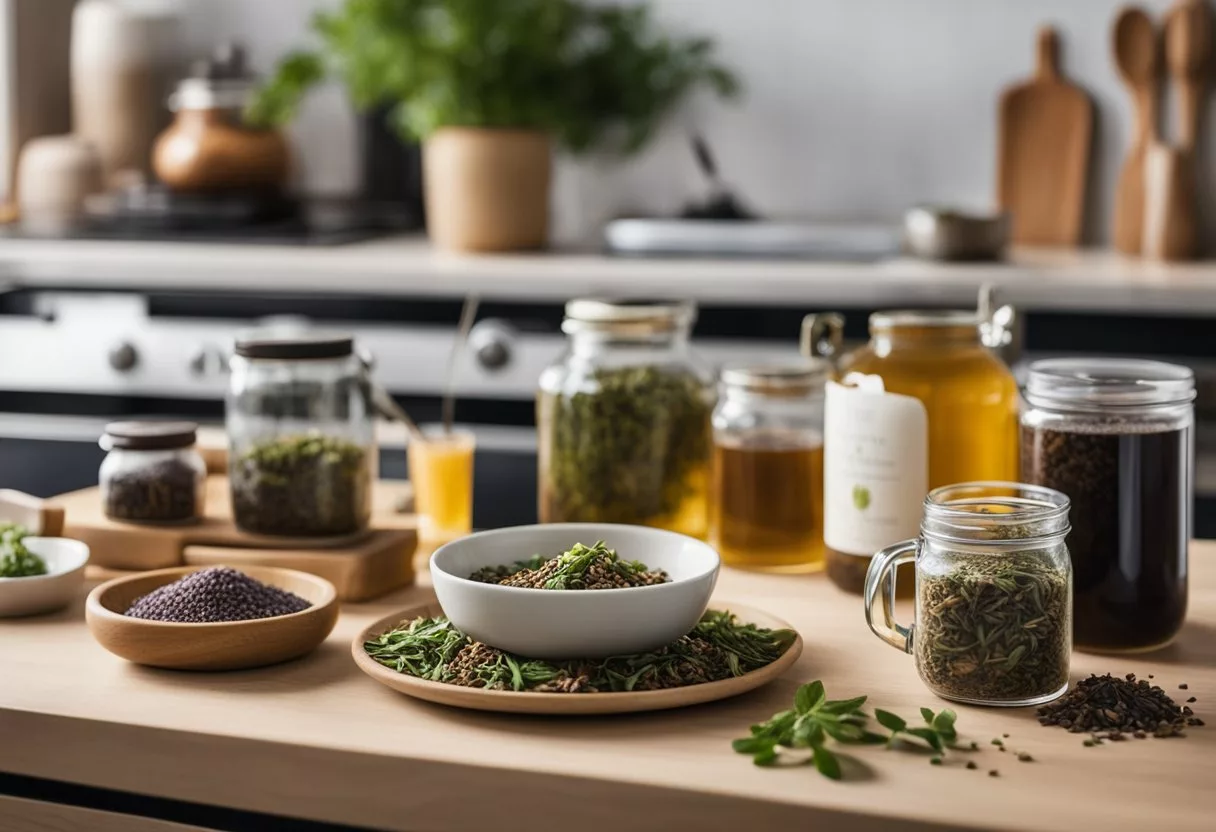 A cozy kitchen with herbal teas, probiotic-rich foods, and natural remedies displayed on the counter. A yoga mat and running shoes hint at an active lifestyle