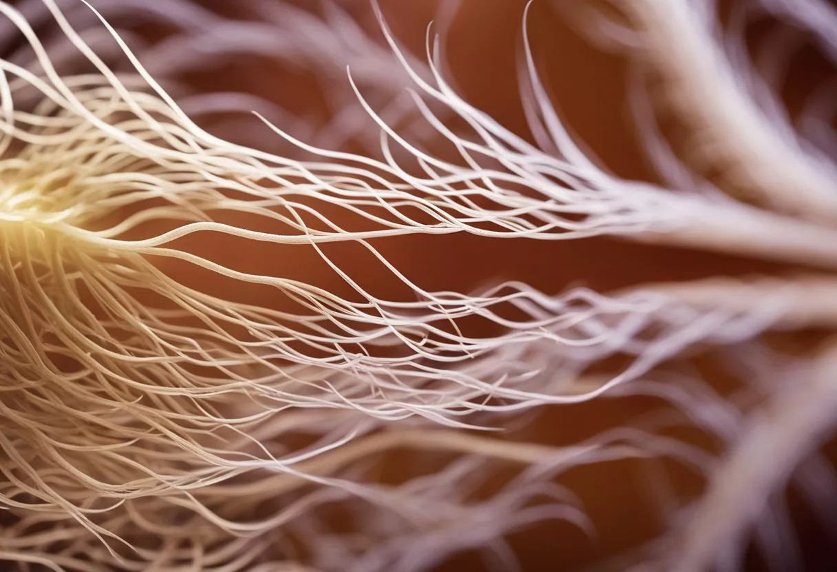 A single strand of hair growing from a follicle, surrounded by sebaceous glands and blood vessels, with the hair shaft extending upward