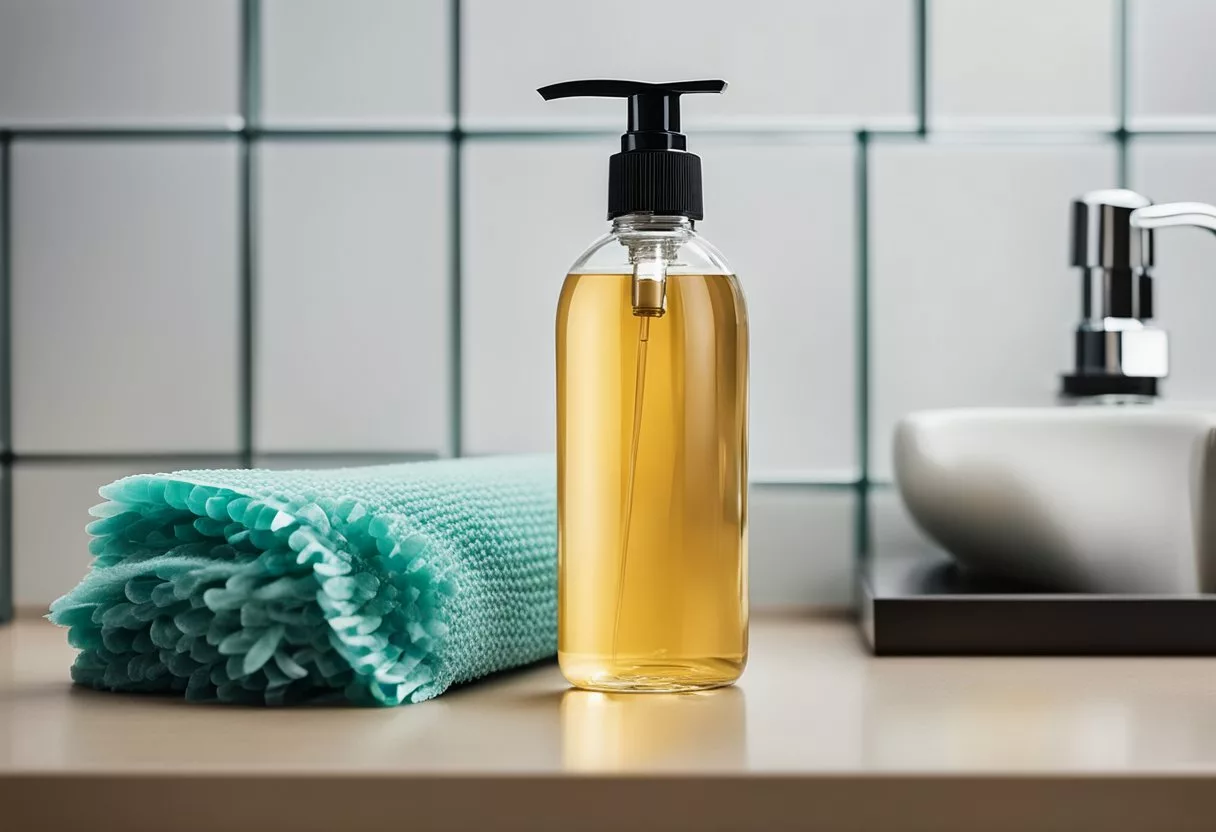 A bottle of hair growth serum sits next to a wide-tooth comb and a silk hair wrap on a clean bathroom counter