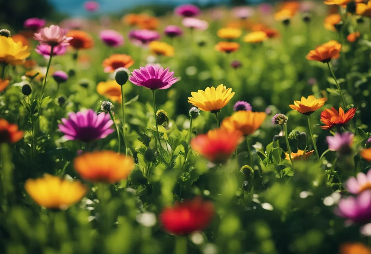 A field of colorful flowers blooming from the earth, with vibrant green leaves and stems reaching towards the sky, symbolizing the growth of hair