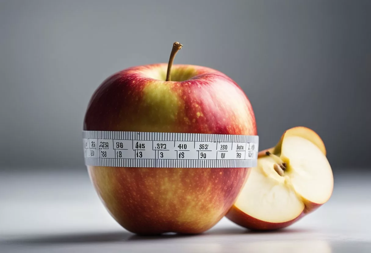 A whole apple sits on a clean white surface, with a measuring scale and a nutritional information label next to it