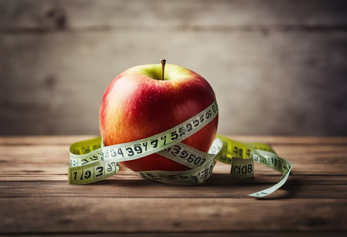 A ripe apple sits on a wooden table, surrounded by a measuring tape and a nutrition label showing its low calorie count. A bright spotlight highlights its vibrant colors and healthy appeal